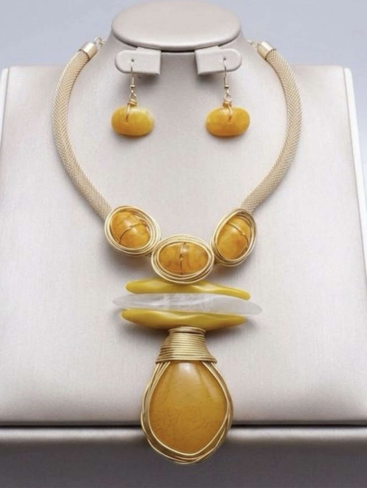 Mustard Yellow Teardrop Pendant Handmade Yellow Resin Necklace and earrings