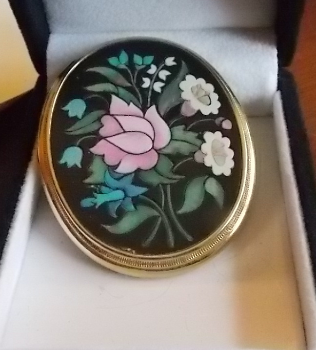 Vintage Avon Faux Pietra Dura Enamel Flower Bouquet Large Gold Pendant 12b 41
