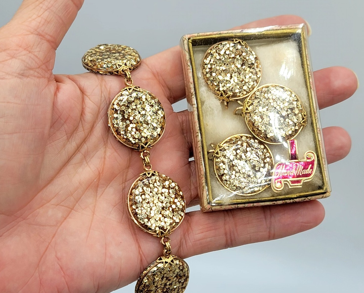 Vtg Rare Set HILLCRAFT Bracelet & Earrings Glitter Lucite Gold Filled Jewelry