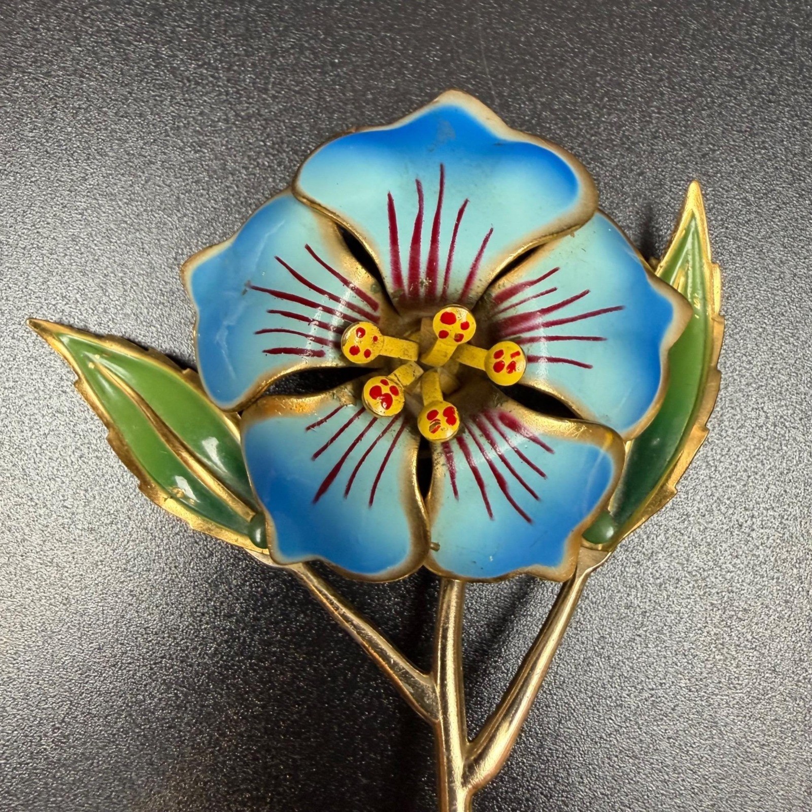 Vintage Blue Cold Painted Enamel Flower Brooch Gold Tone Statement Pin 3.75 In
