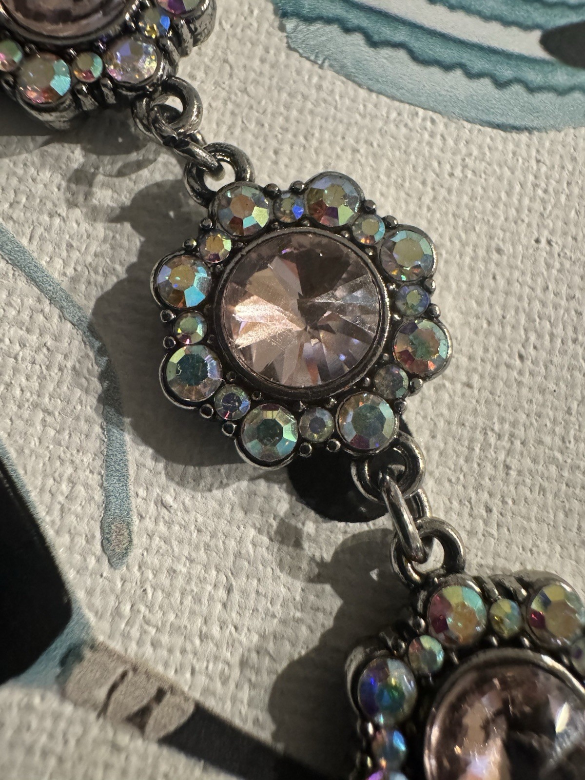 Silver-Tone Statement Link Necklace Pink Round Rhinestone/Crystal Flower Charm