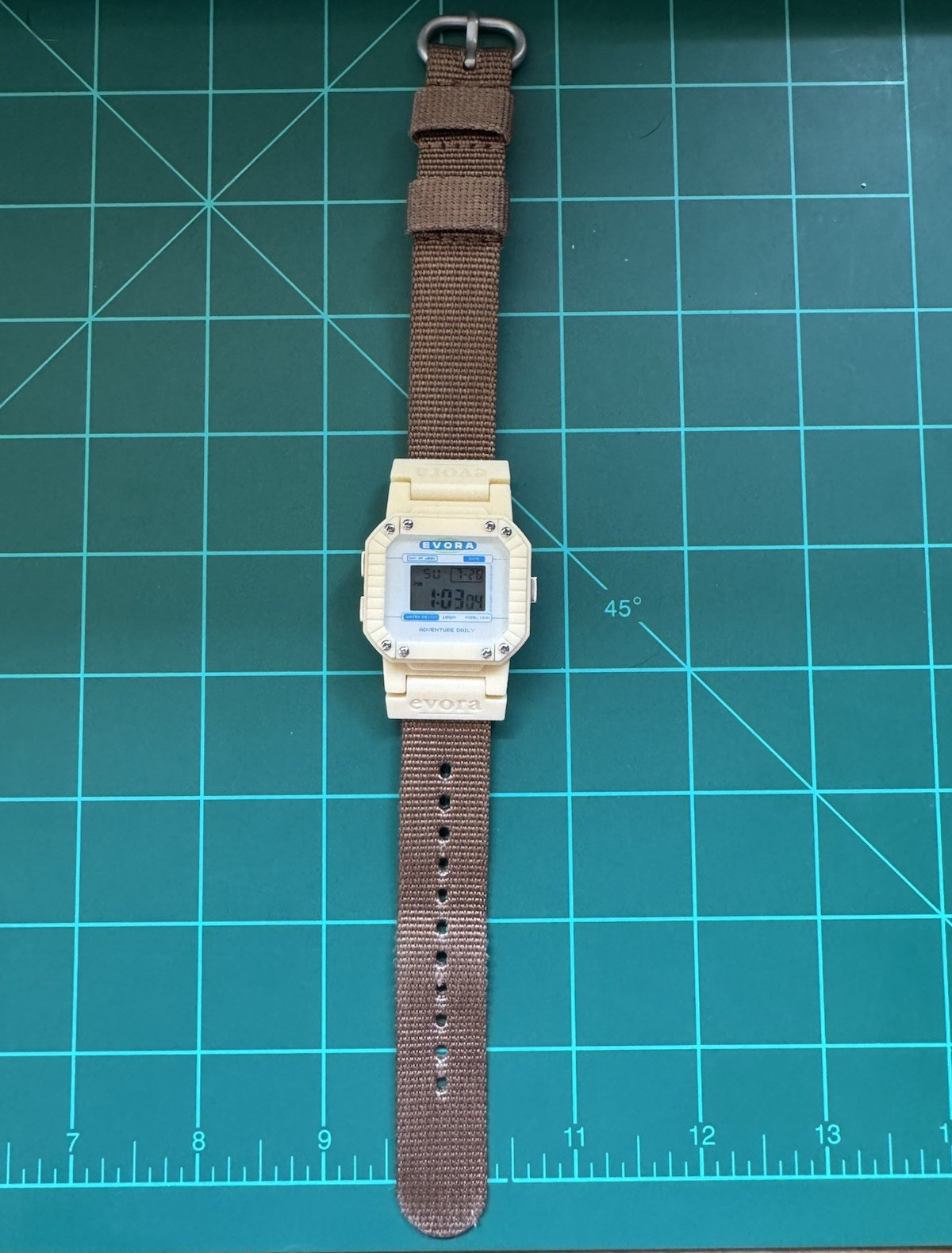 Evora 1403 Digital Quartz Day/Date 100m Beige Case Brown Nylon Strap 34mm