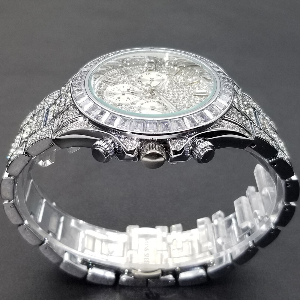 Hip Hop Luxury Silver Ice out Men’s Watch Iced King Bling Waterproof Cz Diamond