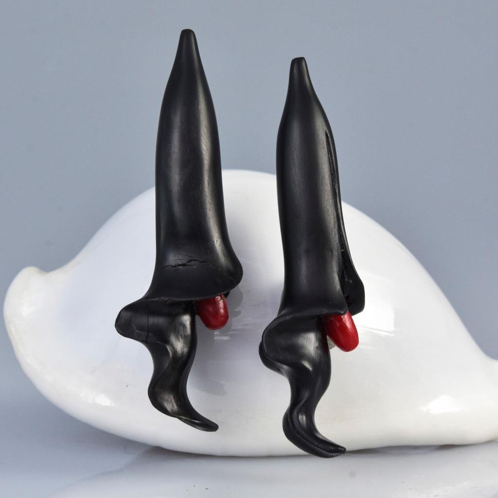 Trumpet Flower Earring Pair Carved Black Horn & Red Sponge Coral drilled 6.80g