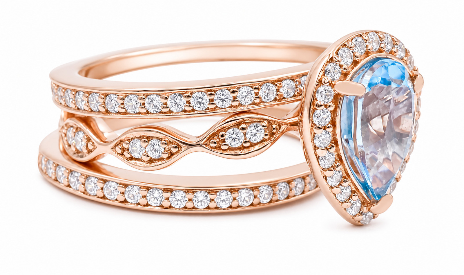 GENUINE 2.88 Cts BLUE TOPAZ & W/SAPPHIRE SET 3 RING 14K ROSE GOLD PLATED (.925)