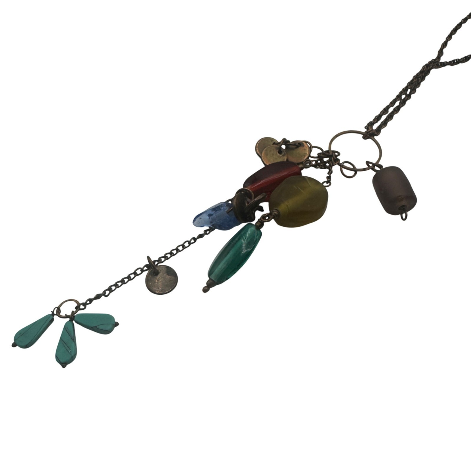Multicolor Beaded Pendant Necklace 28 Inches Tassel Charm Accents Antique Brass