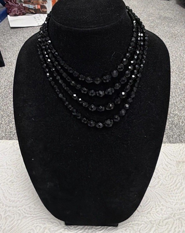 Vintage Laguna 4-Layers Czech Black Glass Faceted Beads Waterfall Necklace