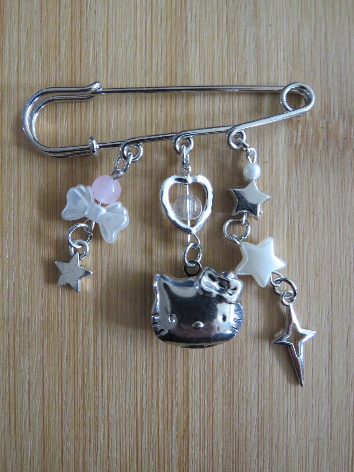 Hello Kitty Inspired Handmade Kilt Pin Locket Stars Design Silver Tone Brooch