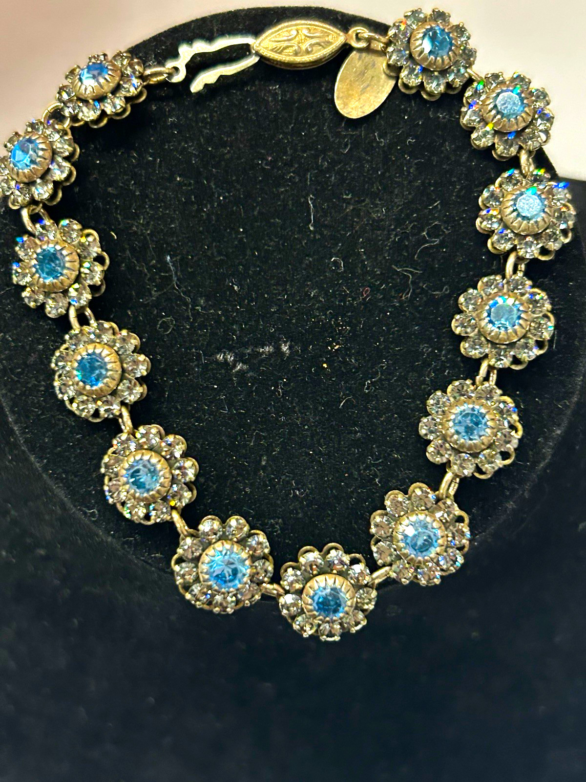 Vintage Liz Palacios Blue Crystal Flower Link Bracelet Hook Closure