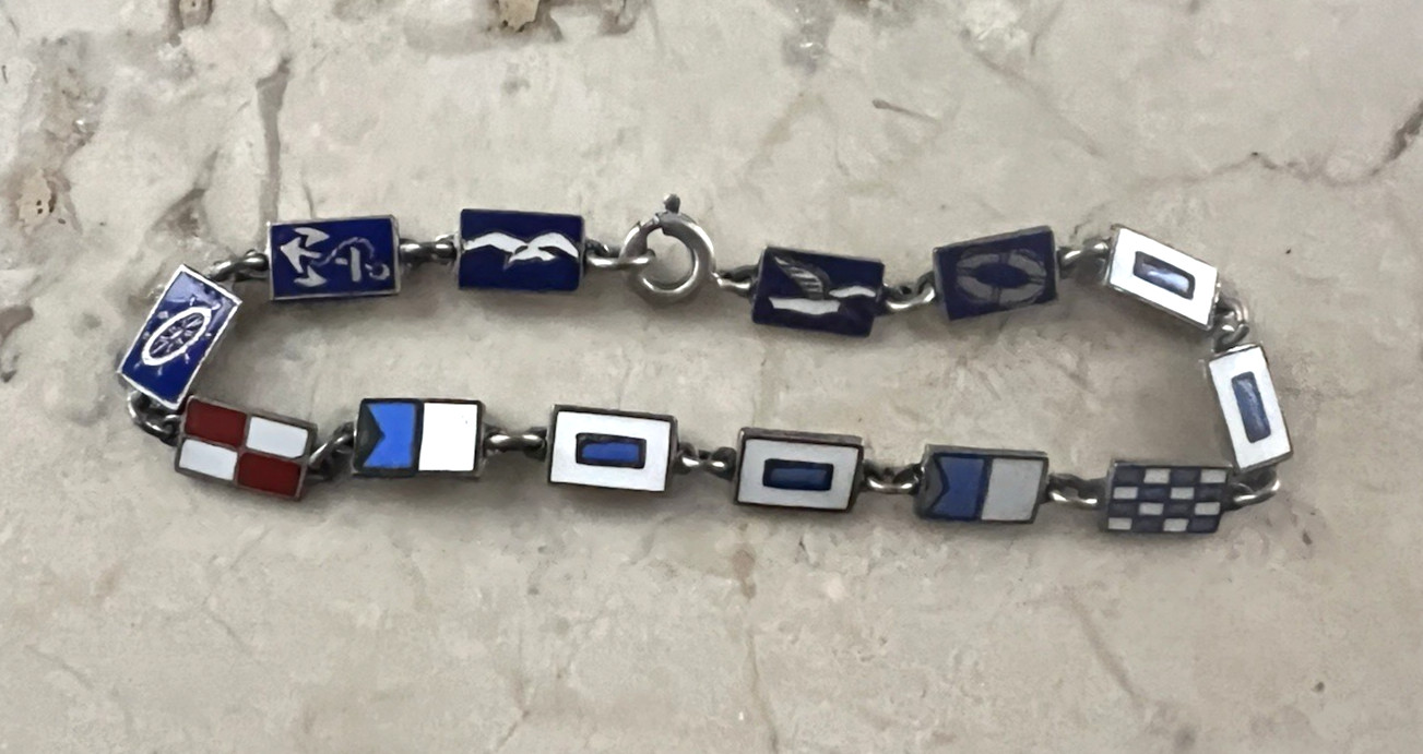 Vintage SS Nassau Enamel Flag Nautical Link Silver Bracelet Anchor Eagle