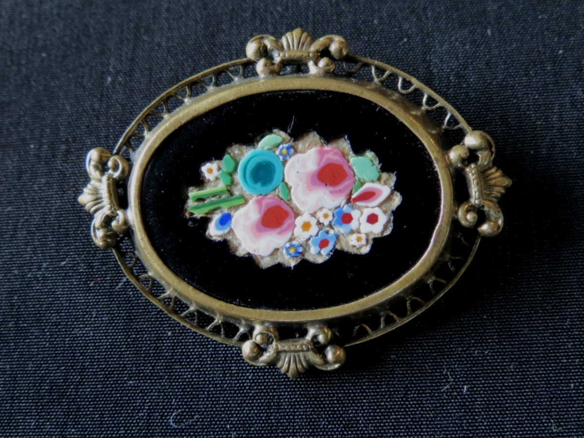Victorian Gold Fill PIETRA DURA Micro Mosaic Floral Brooch C Clasp Pin Rare Find