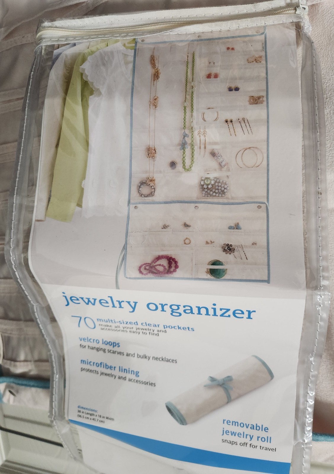 Large Hanging Jewelry Organizer Storage Roll, cream/green