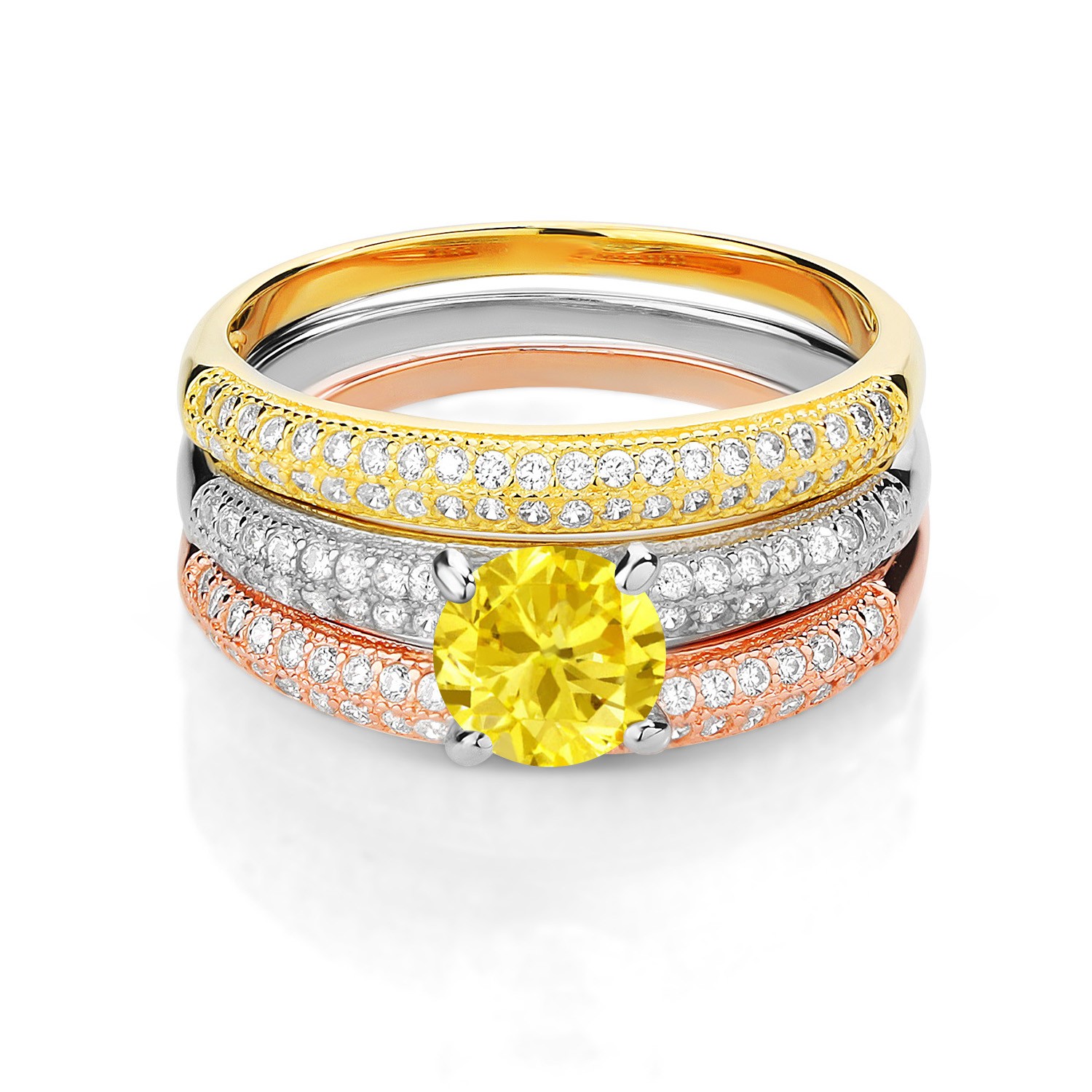 2.94 Ct Round Yellow Zirconia 925 Sterling Silver Set of 3 Stacking Ring