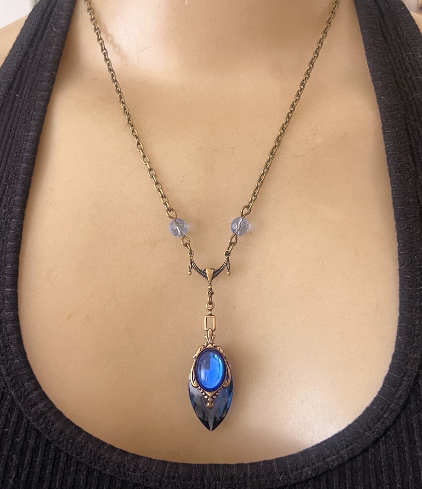 Vintage Necklace Art Nouveau Antique Blue Czech Glass Lavalier Brass Pendant