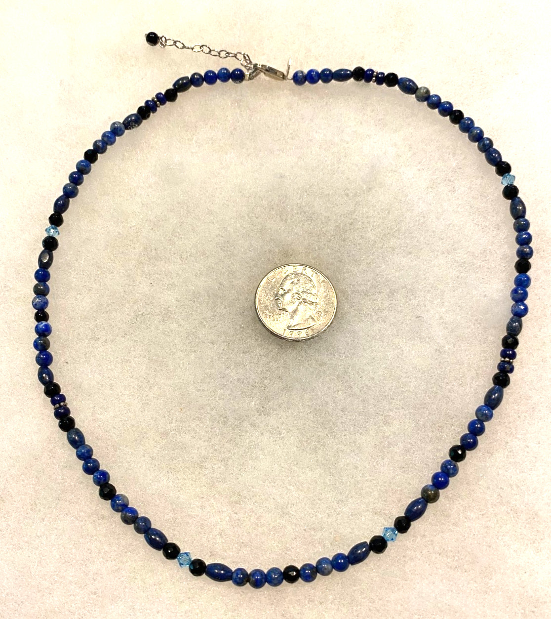 Sajen Lapis, Onyx and Blue Crystal Necklace – 18 In. Long with 2 In. Extender