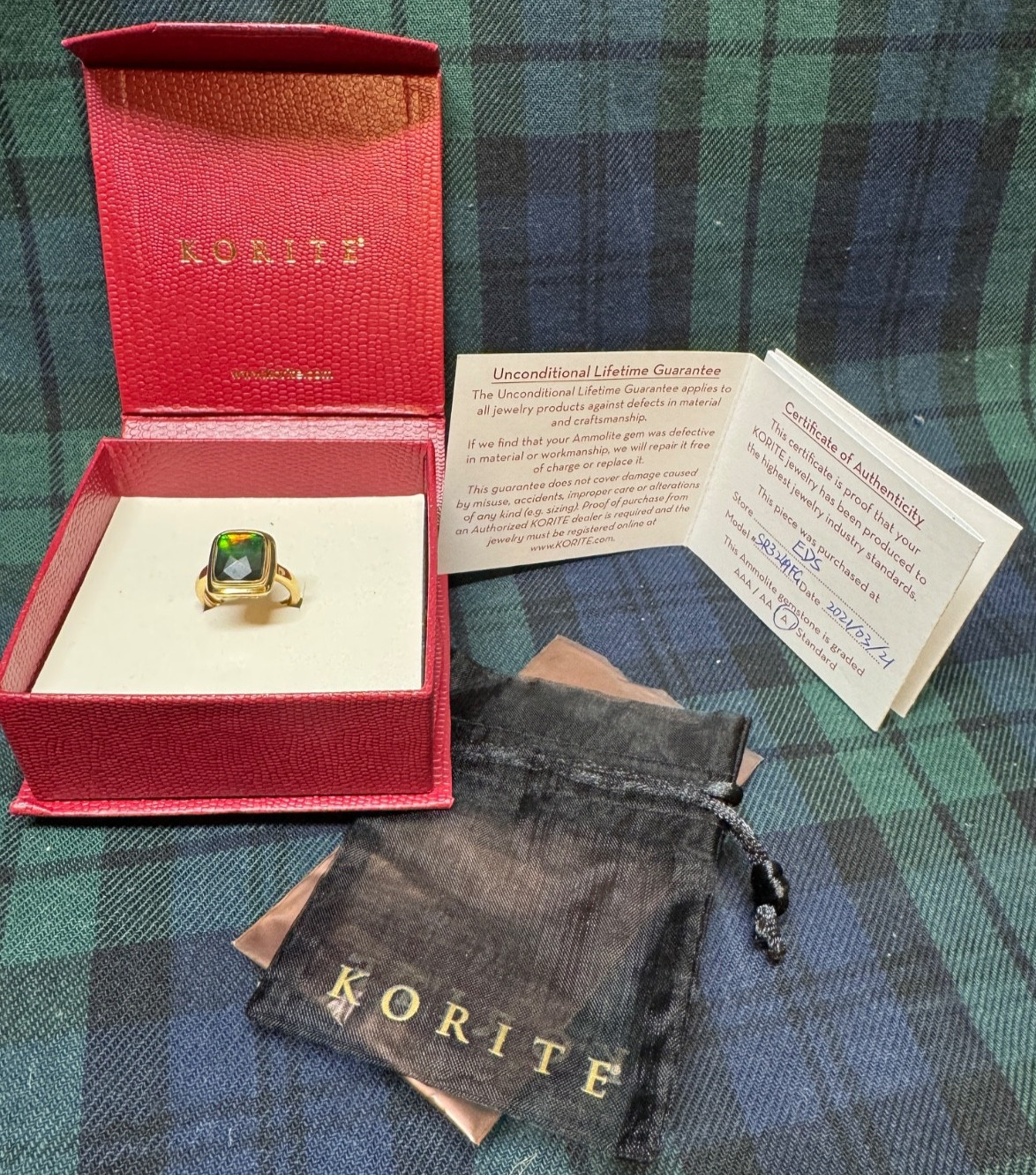 Korite Canadian Ammolite Gemstone Golded Plated Sterling Silver Ring Size 7