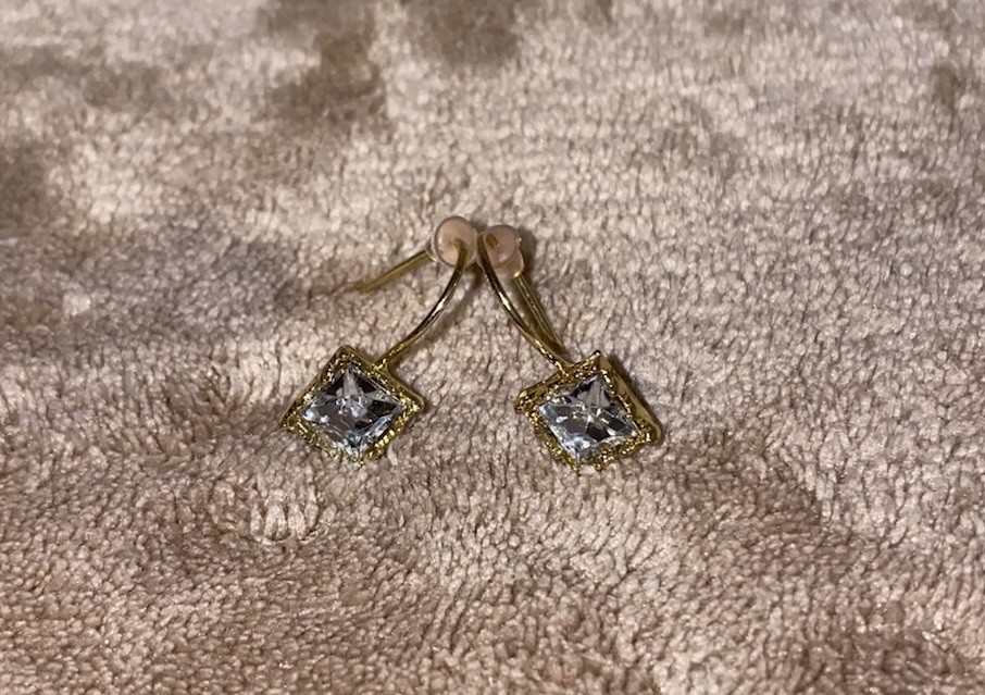 Gold Tone Hook Dangle Earrings w/ Clear Round Simulated Cubic Zirconia, Lobe