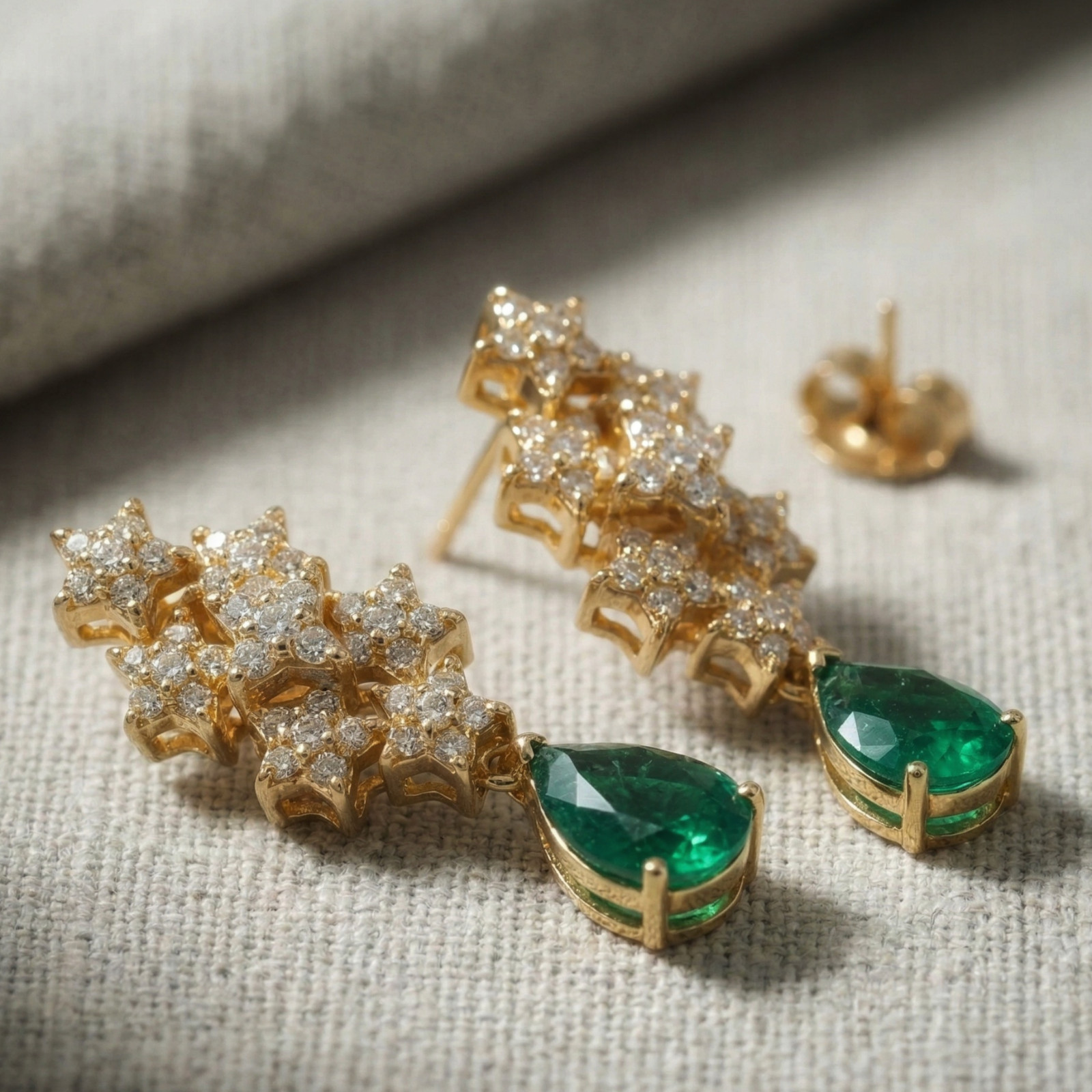 925 Silver Pear Cut Emerald & CZ Stone Drop Earring, Cluster Dangle Earrings