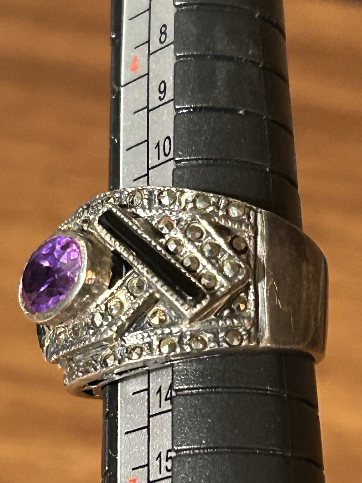 Vintage Wide Band Sterling Ring With Amethyst Marcasite And Onyx Signed Size 6