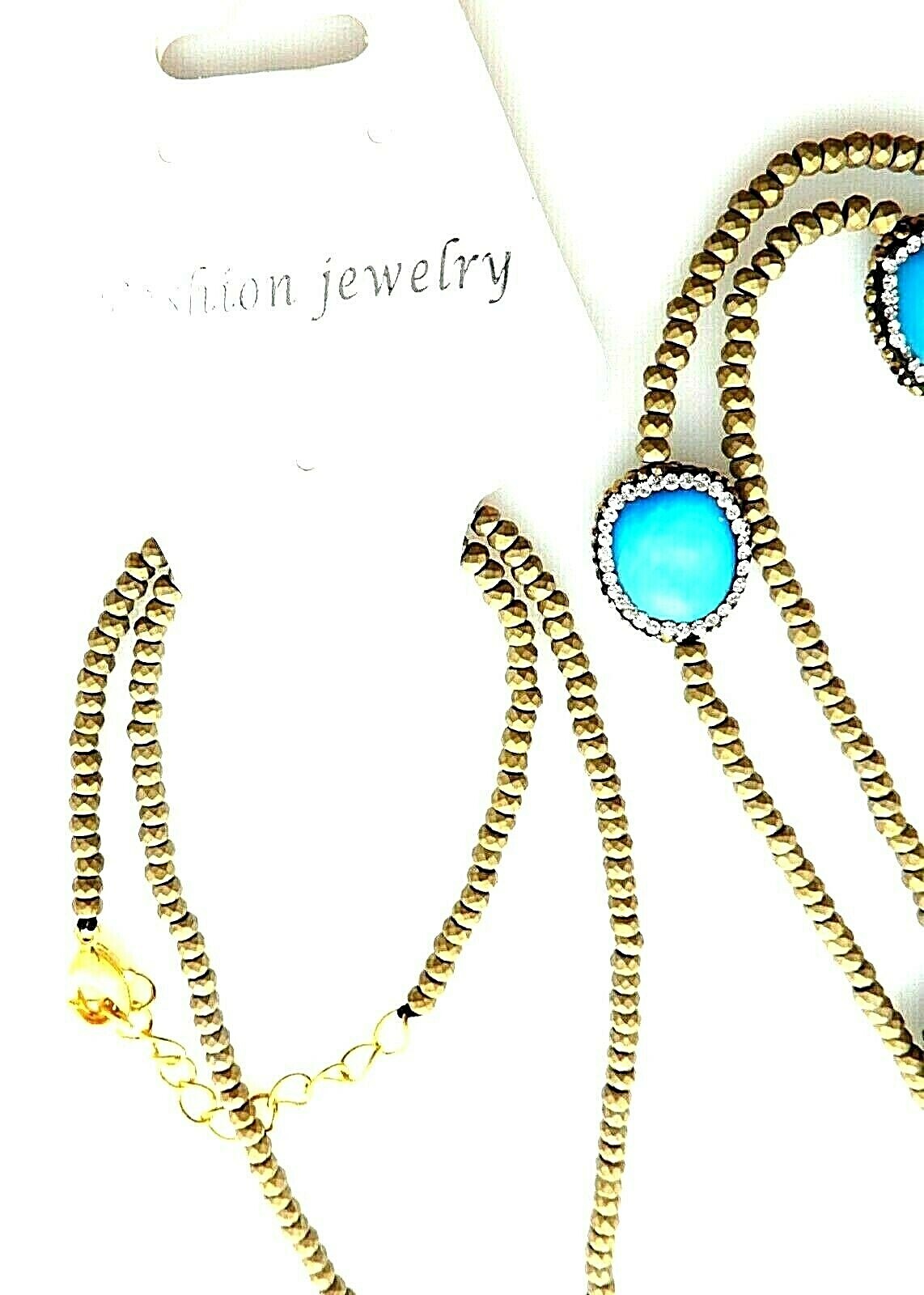 Turquoise Tan Facet Glass Beaded Rhinestone Pave Scatter Long Sweater Necklace