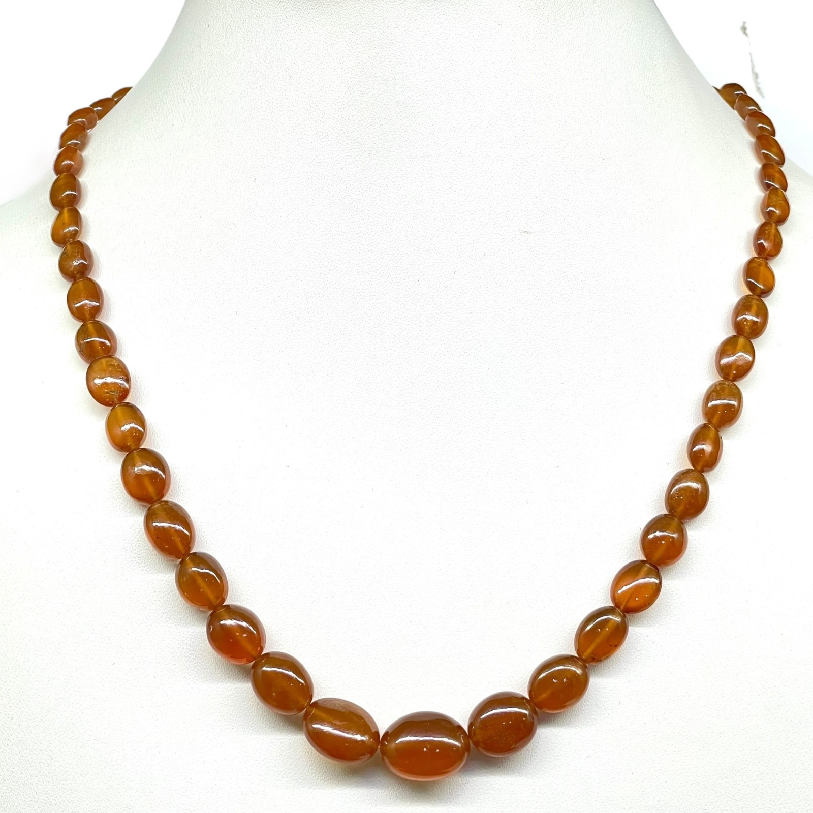 18 Inch Natural Hessonite Garnet Necklace Oval Cabochon Beads 925 Silver Clasp