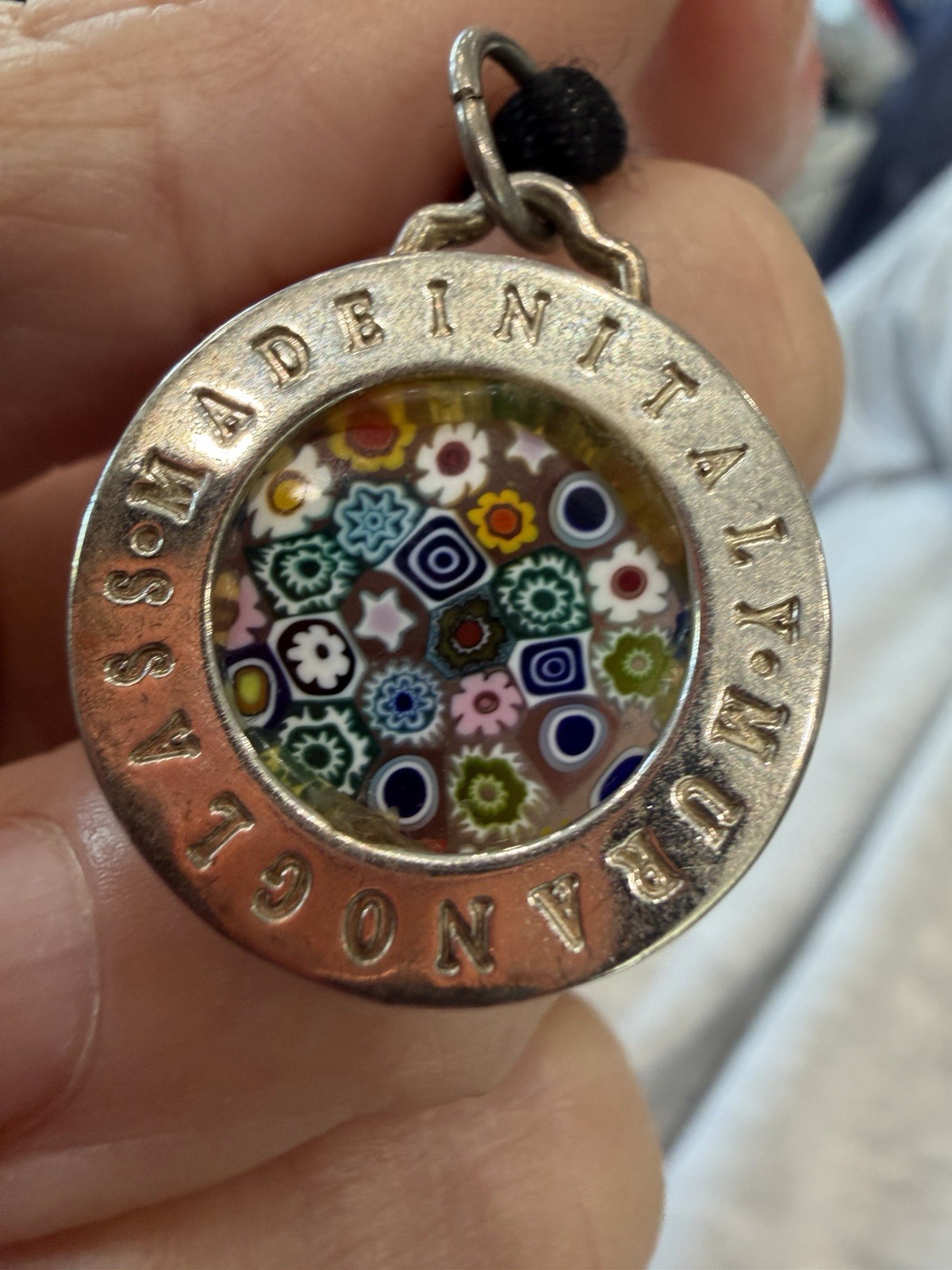 Silver Millefiori Flower Glass Pendant Green Red Yellow