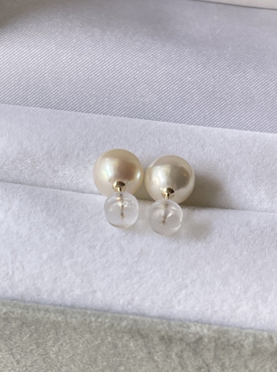 Japanese Akoya Pearl Stud Earrings 9mm Untreated Natural Color K14 Solid Gold