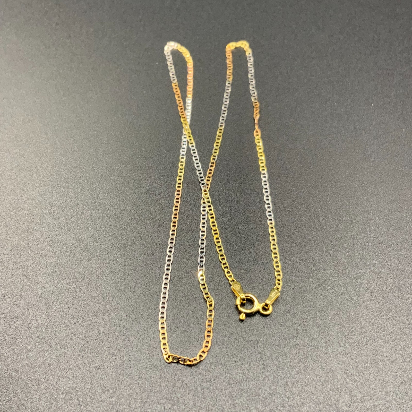 14k Gold Tri-Color Mariner Chain Necklace – 16” 1.5mm 1.4g – 925 Sterling Silver