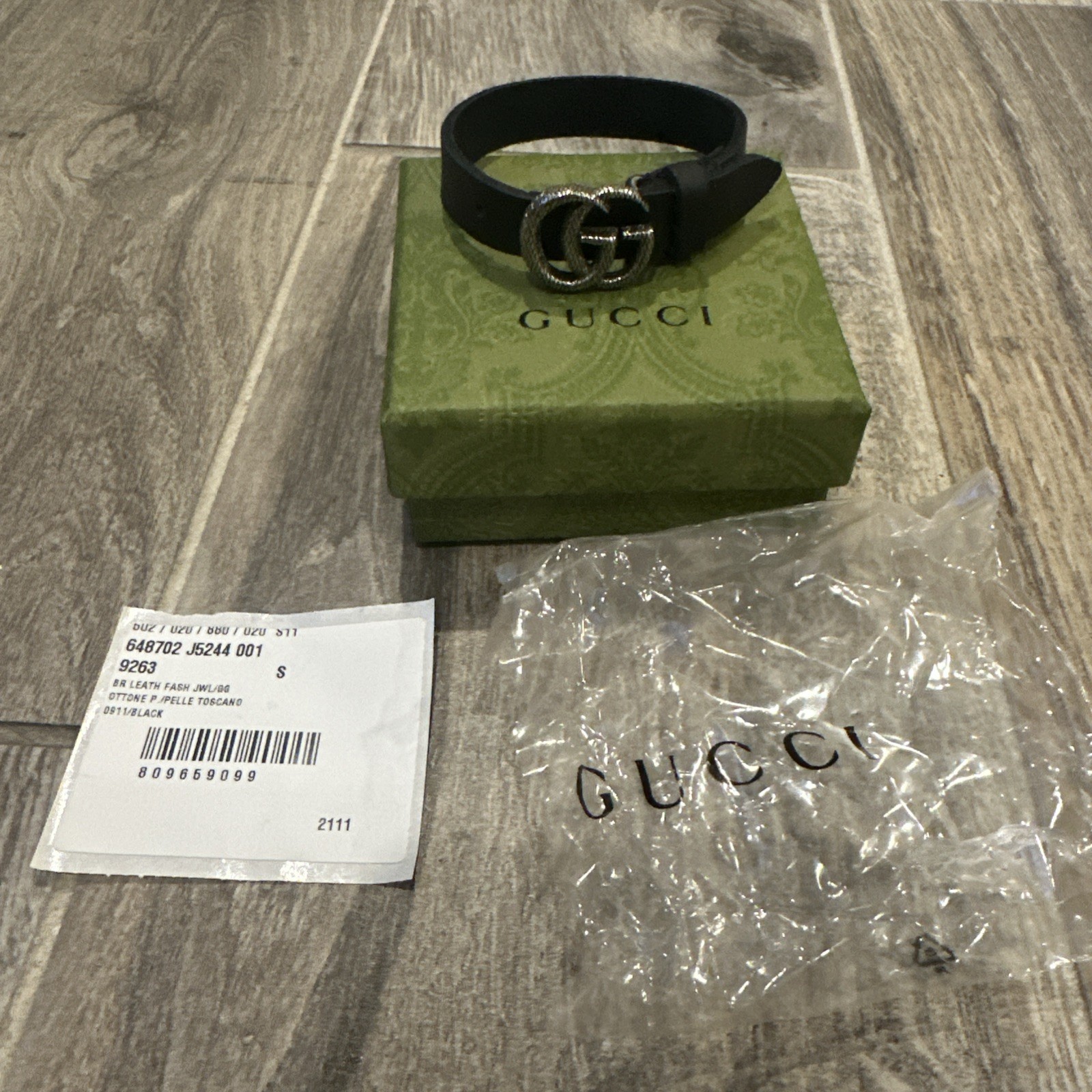 Gucci Engraved Double GG Leather Bracelet Black Size Small Comes With Box