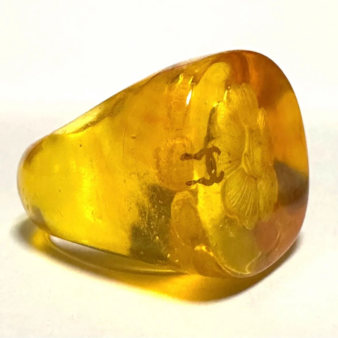 CHANEL Camellia CC Logo Resin Ring Orange Clear Size 13 US 6.5 Auth