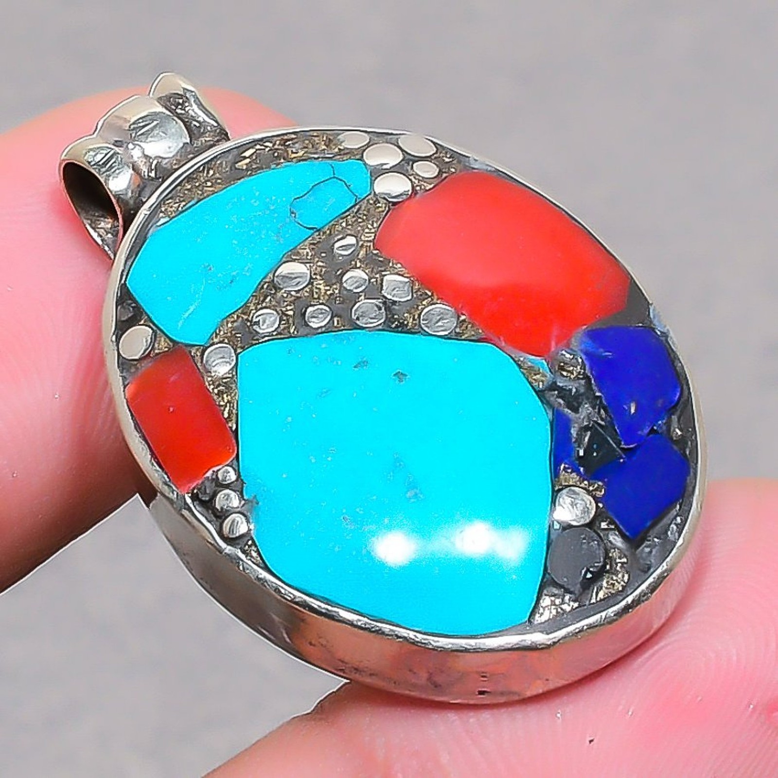 Tibetan Turquoise Coral Lapis lazuli Handmade Ethnic Nepali Pendant 1.6″ SR 2359