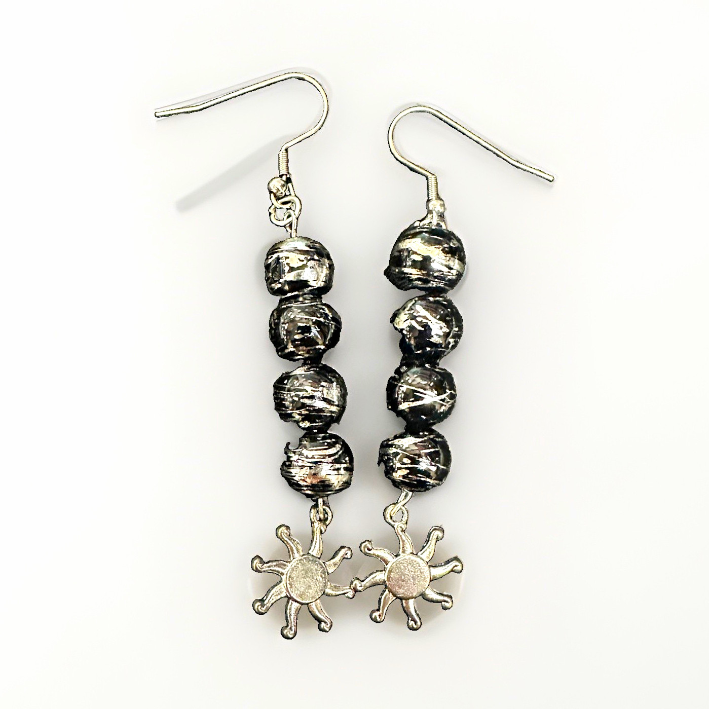 Silver Tone Sun Charm Dangle/Drop Hook Earrings, Black Round Bead Drops