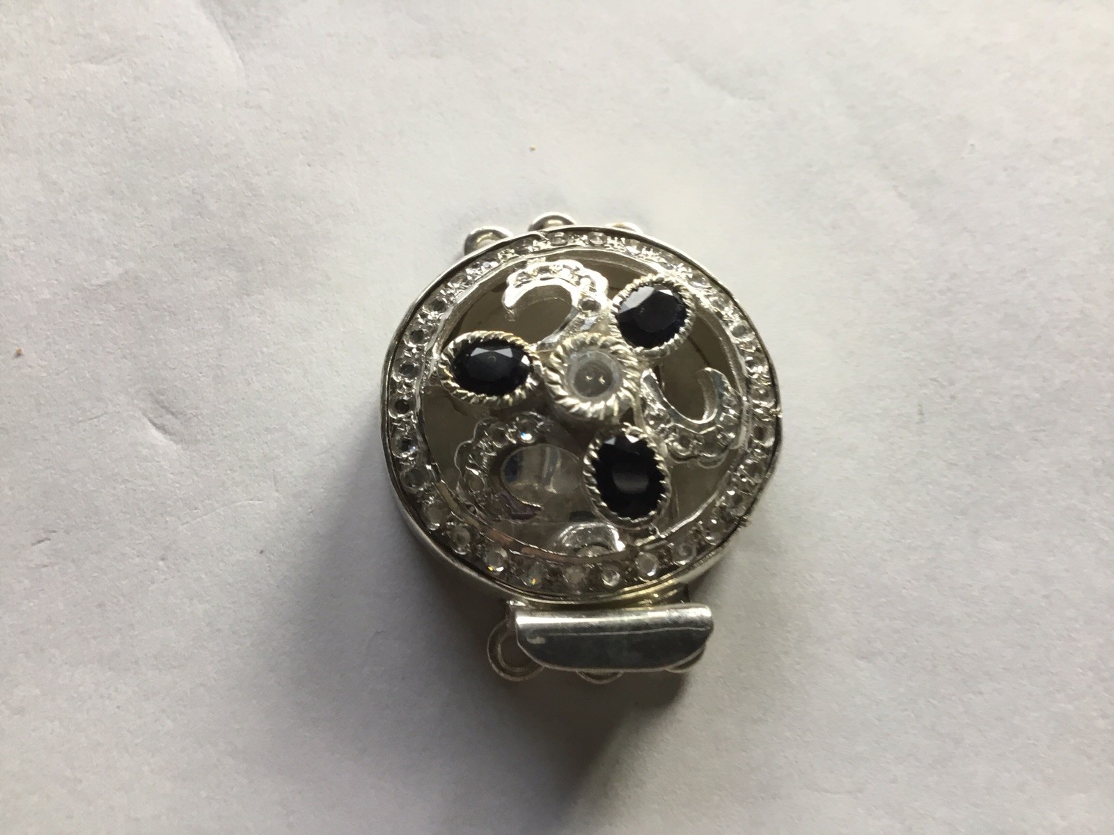 Silver plated brass ,box-tab Clasp for Jewelry w/dark blue sapphire & clear CZ