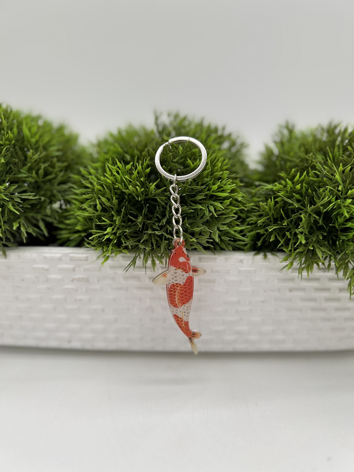 Koi Fish Keychain Red White Enamel Charm Silver Chain Ring Lucky Carp Key Fob