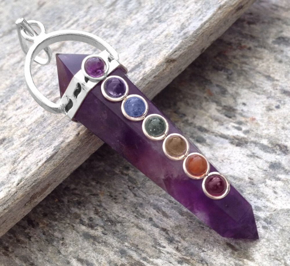 Double Terminated Purple Amethyst 7 Chakra Crystal Pendant .925 Silver Necklace