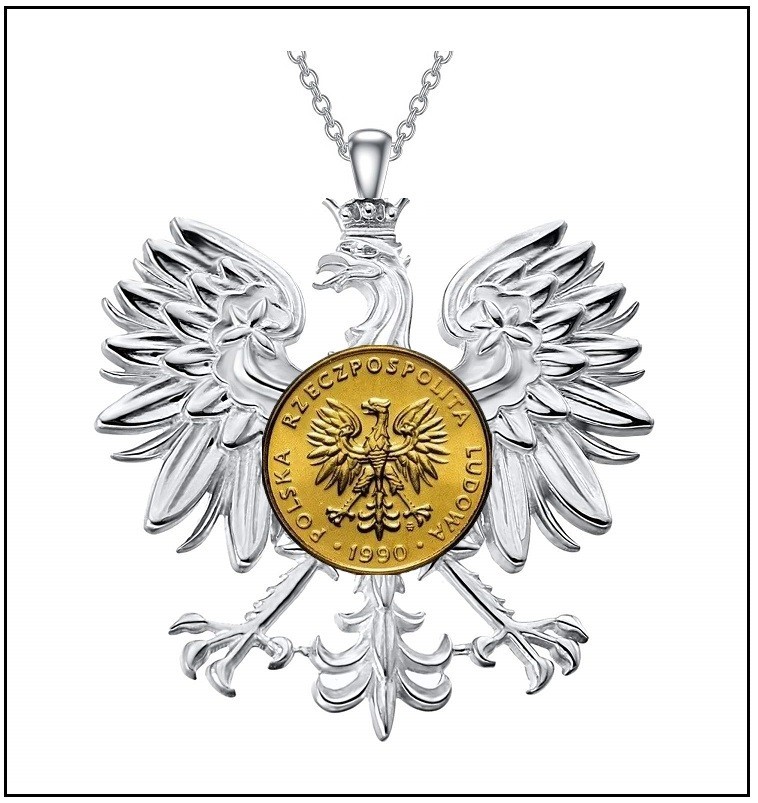 POLAND COAT OF ARMS Necklace – 1 1/2″ Silverplate Steel – Vintage Brass Groszy