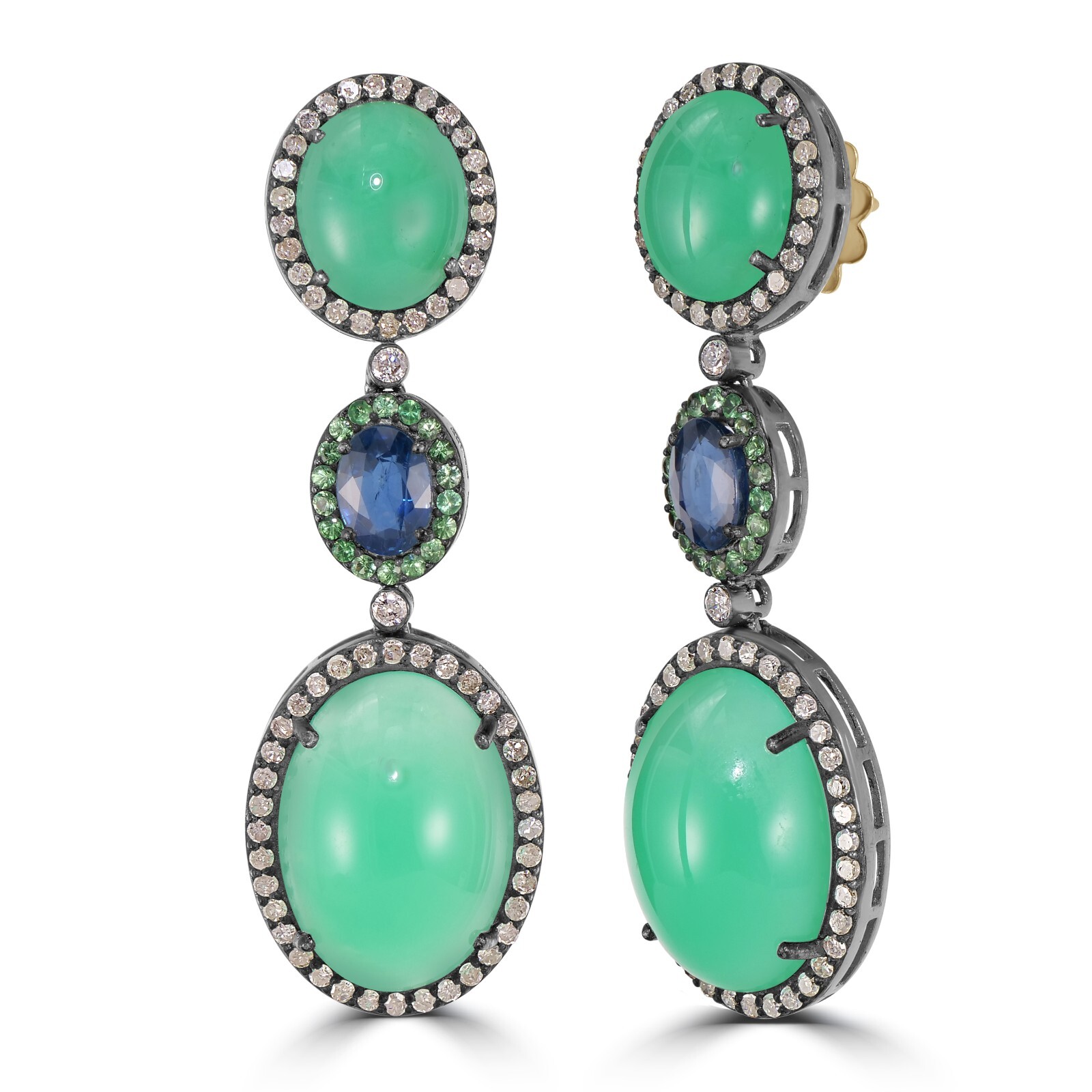 Victorian 31.35 Cttw. Chrysoprase, Blue Sapphire, Tsavorite and Diamond Earrings
