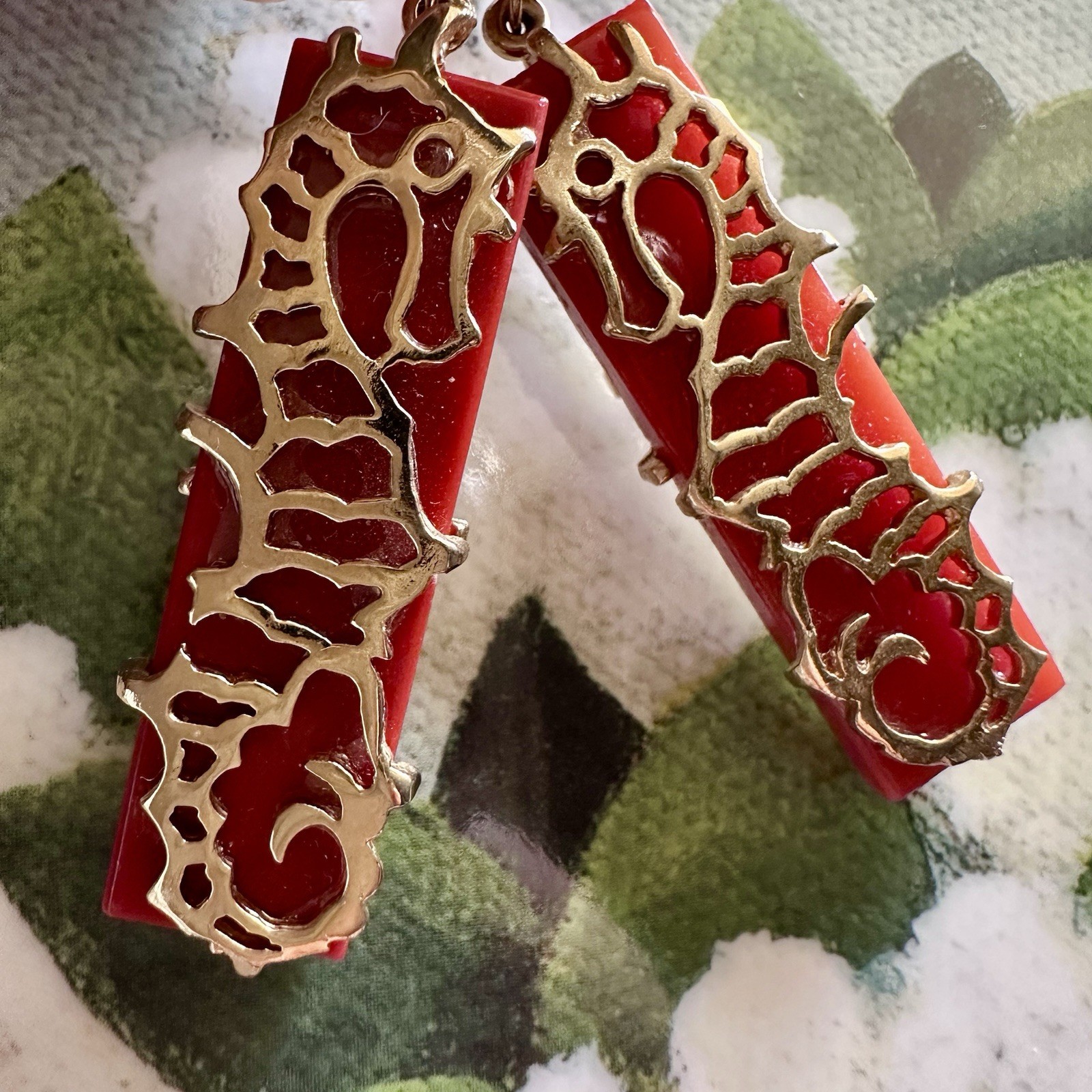 Rare Signed Boucher Seahorse Clip Earrings Red Glass Gold Tone Nautical VTG