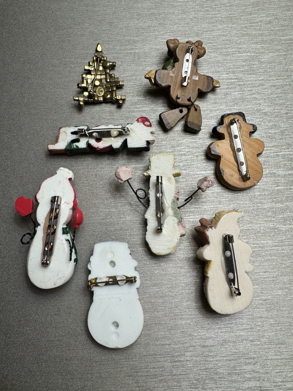 Lot of 8 Christmas Holiday Brooch Pins Snowmen Reindeer Santa Tree Rhinestone