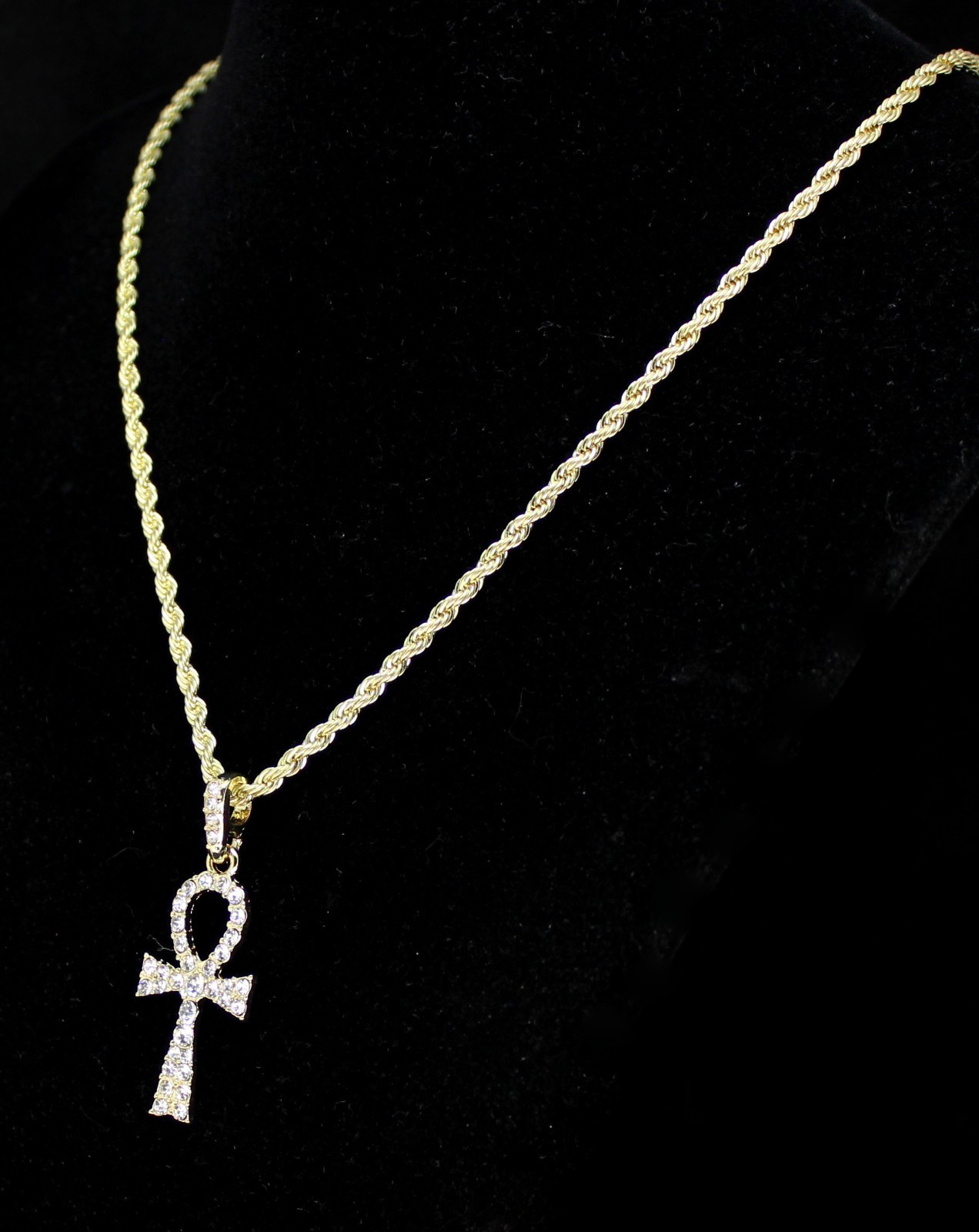 Ankh Pendant 14k Gold Plated iced Cz w/ 24″ Rope Chain Hip Hop Necklace