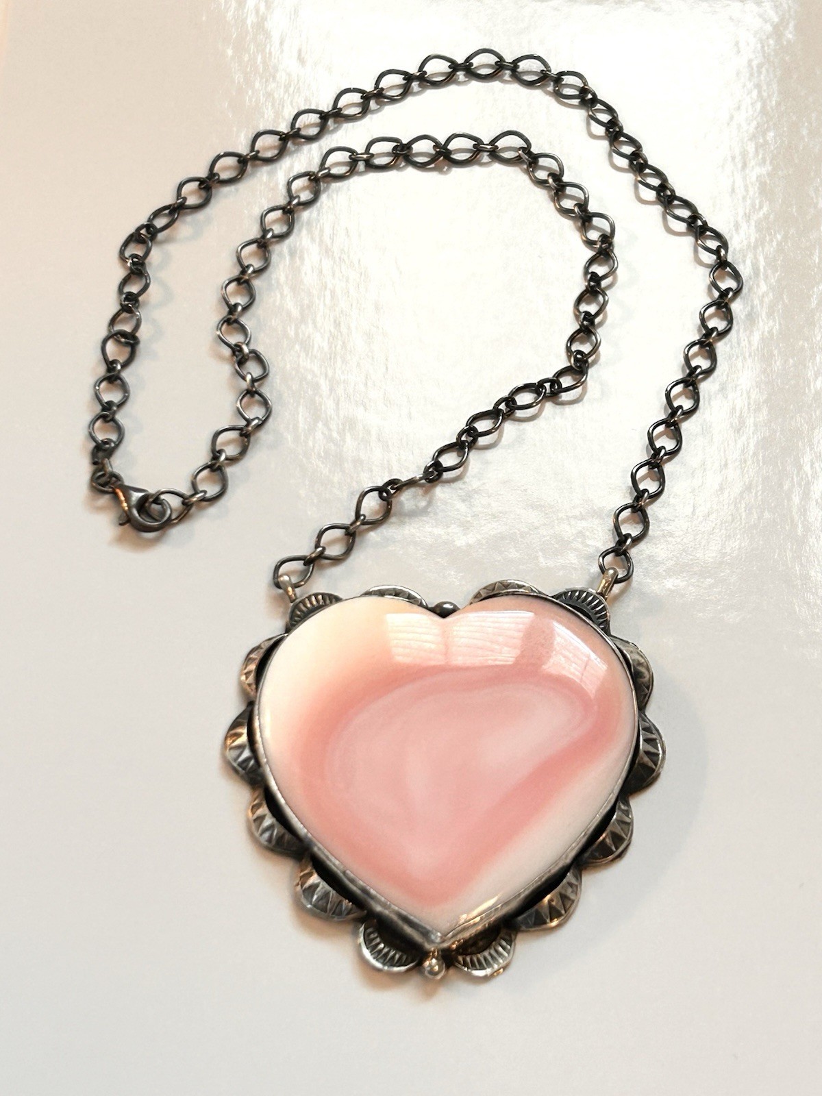 Navajo Handmade Sterling Silver & Pink Conch Heart Necklace by Artist Tia Long
