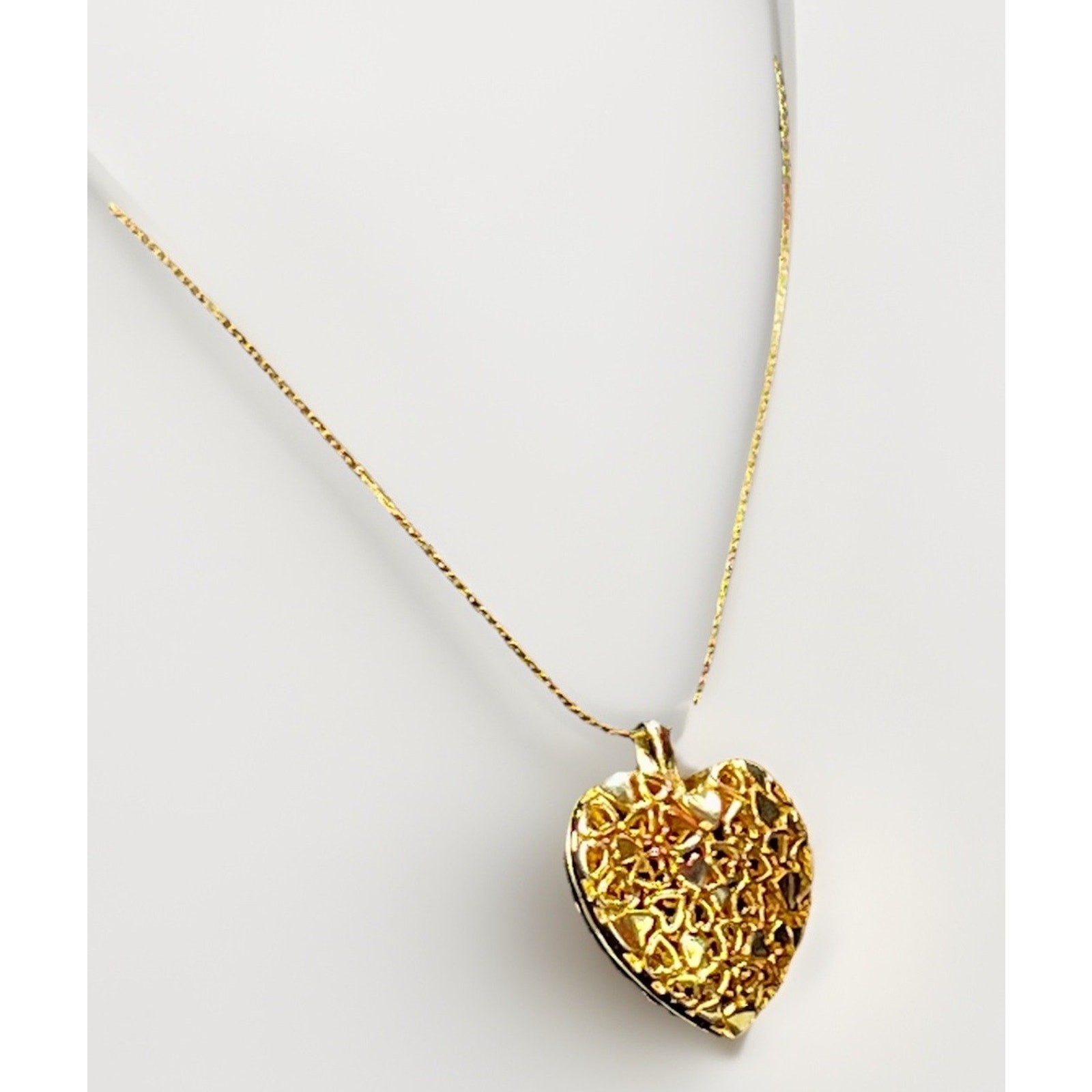 Puffy 14K Yellow Gold Plated Filigree Heart Pendant on 12K GF Chain Necklace