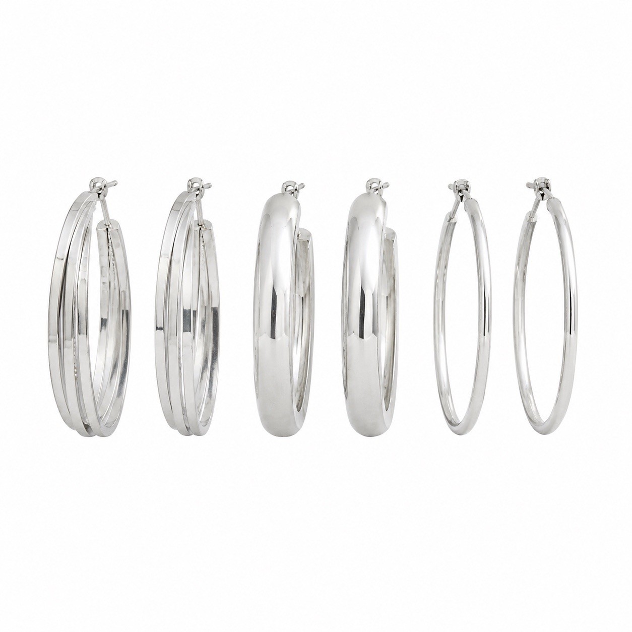 Silver Tone Round Hoop Earrings Set 3 Pairs Hinged Closure No Stone Metal