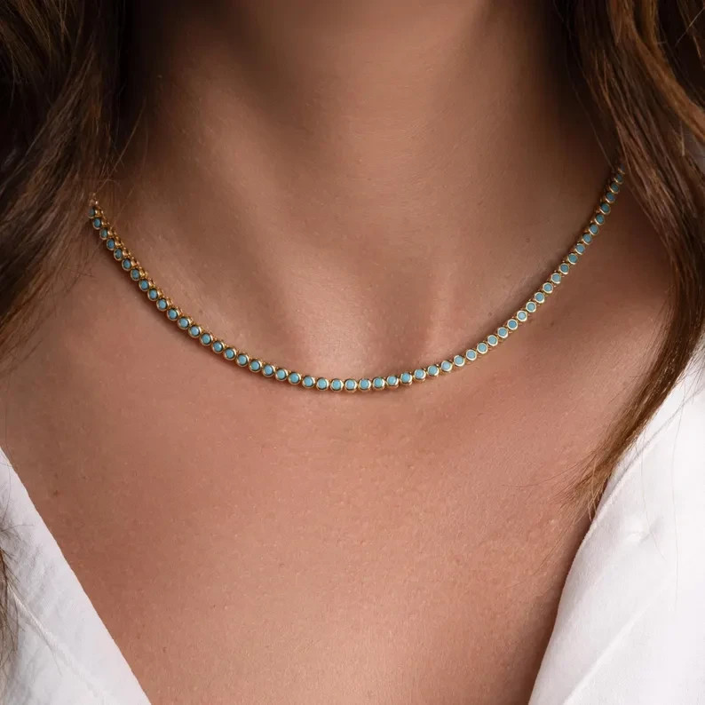 15TCW Round Cut Lab Created Turquoise Bezel Tennis Necklace 925 Sterling Silver
