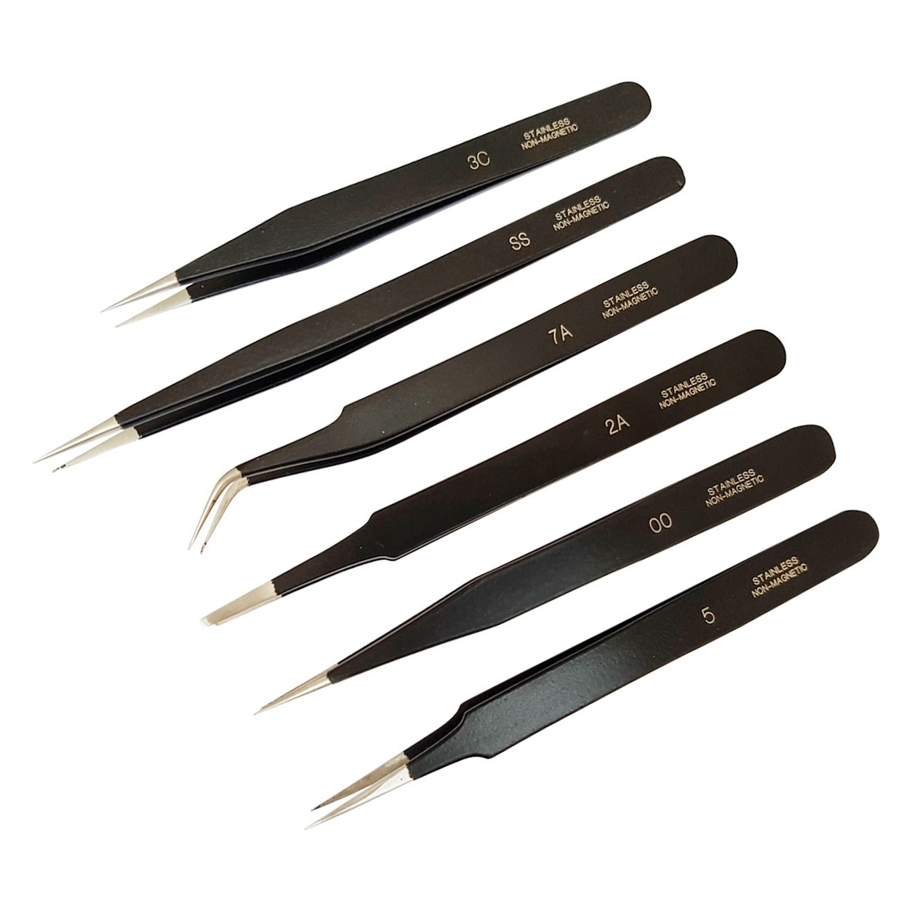 Tweezers Set of 6 – Black Epoxy Coated | Anti-Magnetic | 5, OO, 2A, 7A, SS, 3C