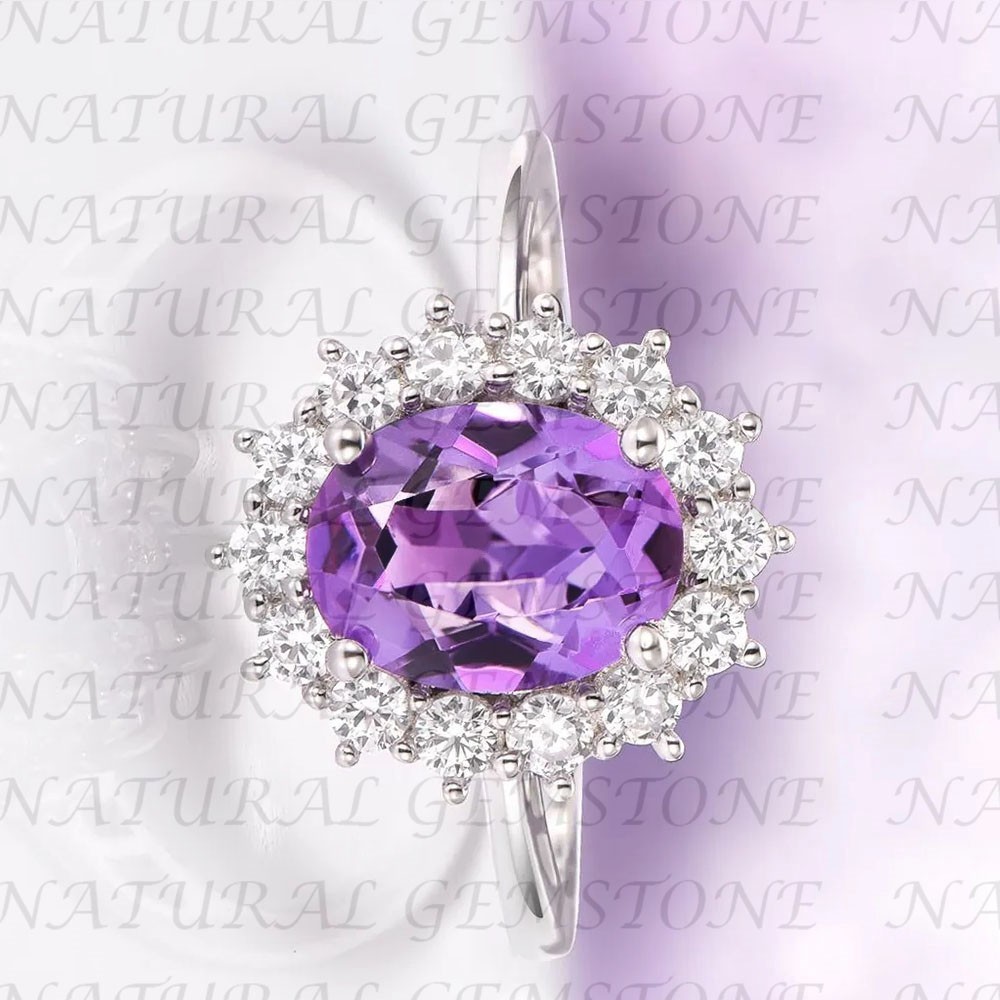 6.80Carat Oval Shape Natural Amethyst and Diamond Ring 18K White Gold Filled