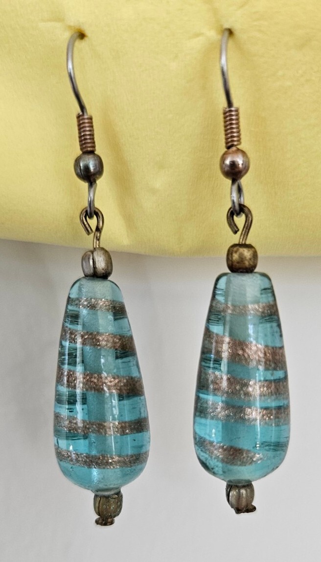 Glass Earrings Teardrop Blue Gold Swirl Pear Shaped Stainless French Hook Drop