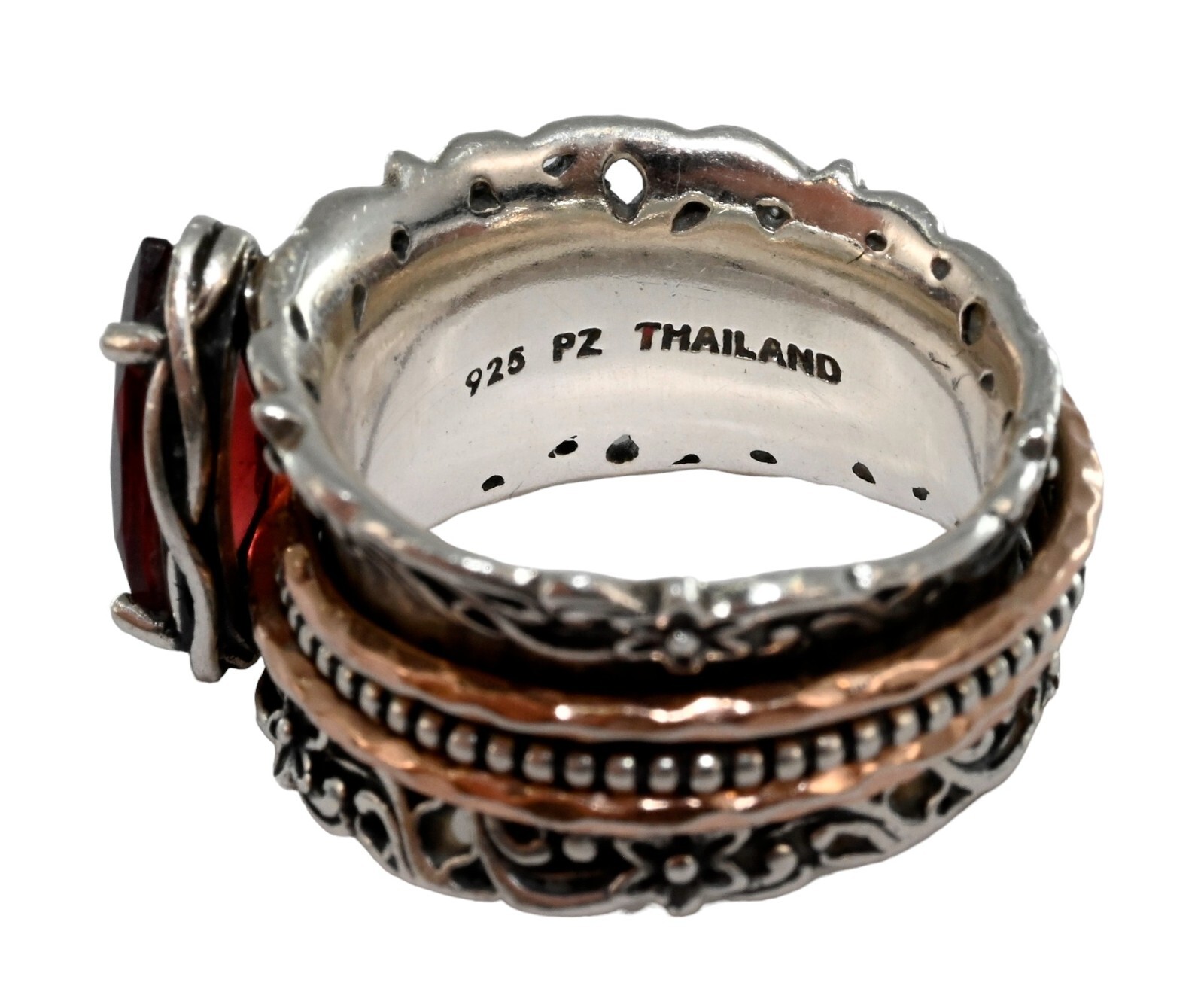 Paz Creations PZ Israel Red Garnet Sterling Silver Gold Spinner Ring! Size 6!