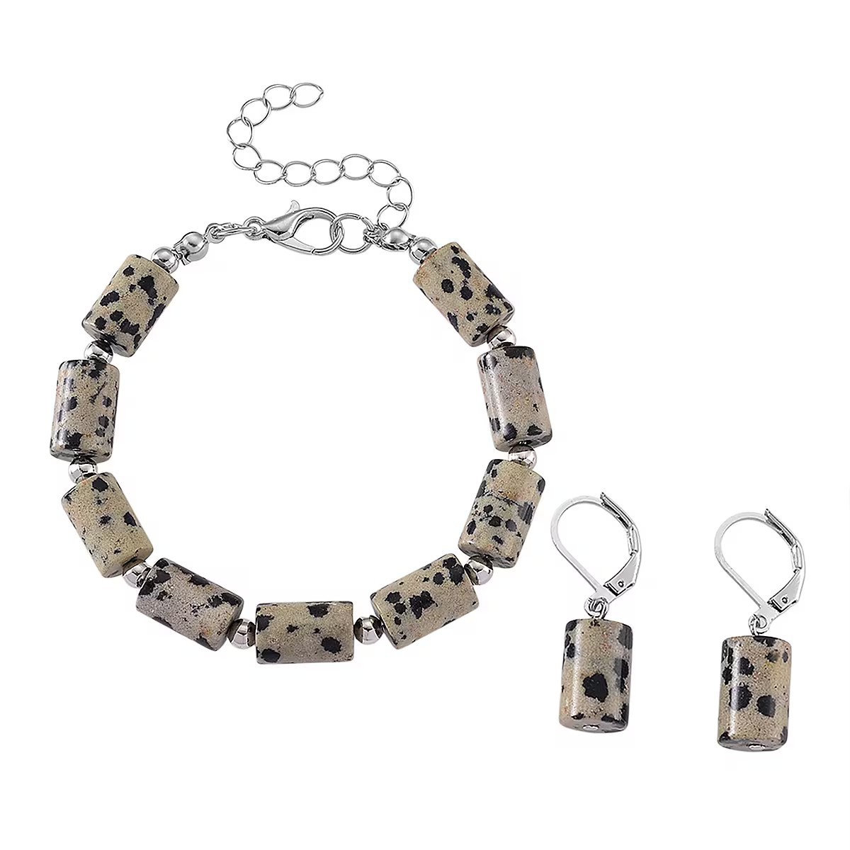 Dalmation Jasper 136.40 ctw Bracelet (7.00-9.00In) and Lever Back Earrings