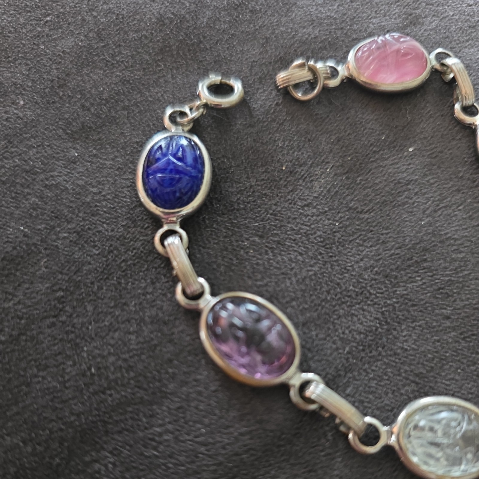 Scarab Beetle Bracelet White Gold Filled Carved Stone Multi-stone Vintage 7.5”